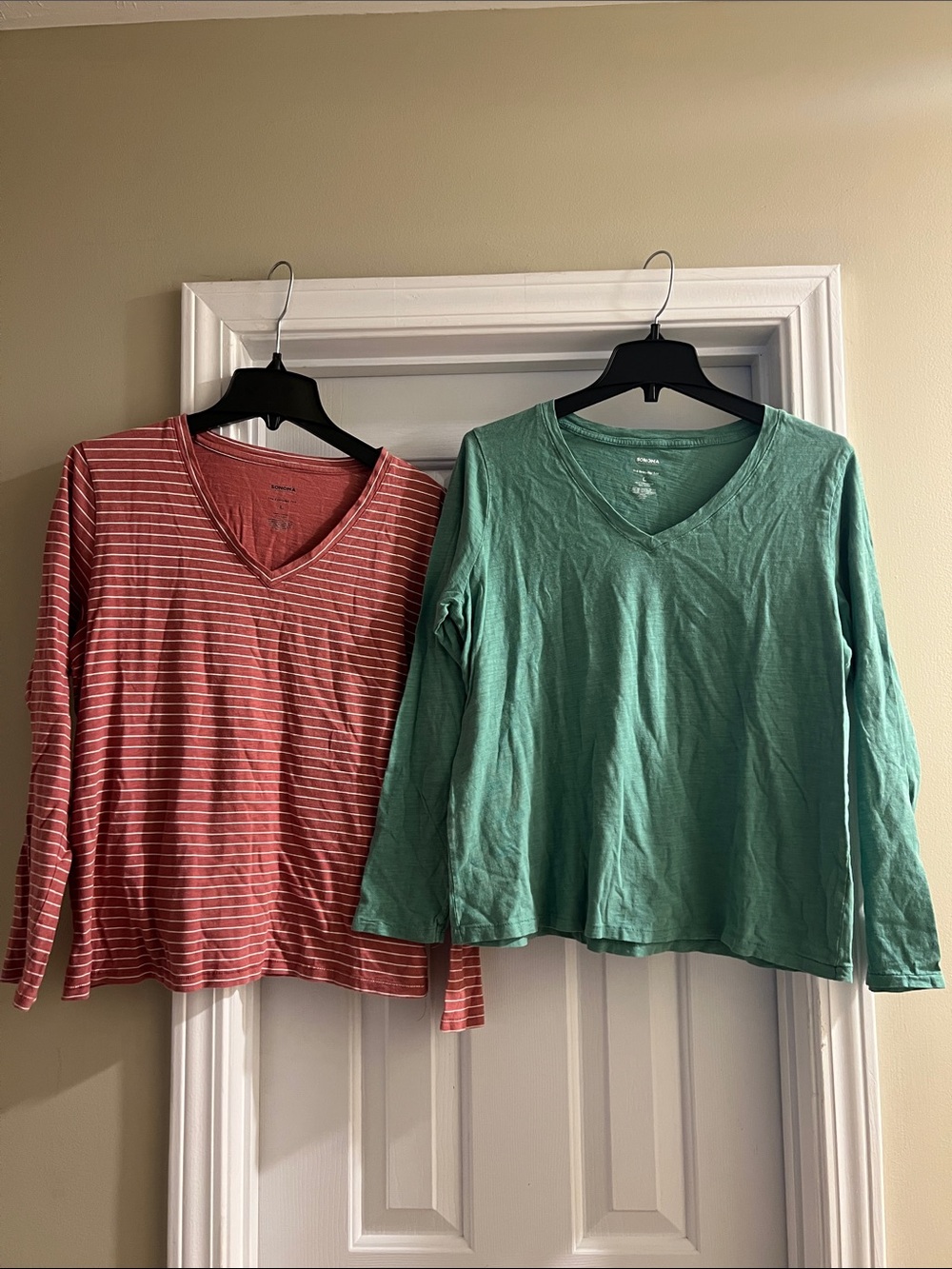 Sonoma Striped Red V-Neck Long Sleeve Top & Solid Green V-Neck Top - Pair
